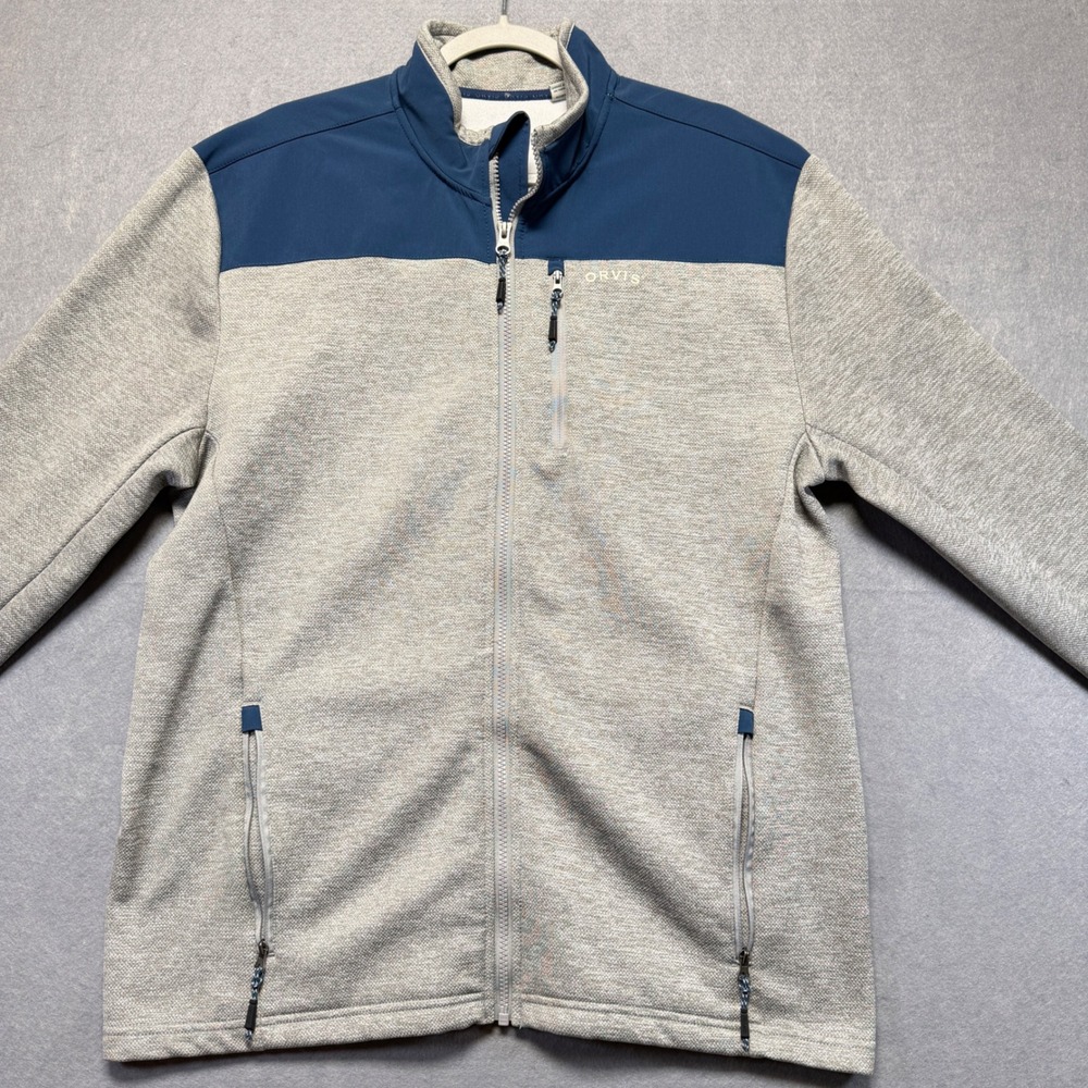 ORVIS Mens Fleece Jacket Full Zip Gray Blue Performance‎ Outdoor Activewear